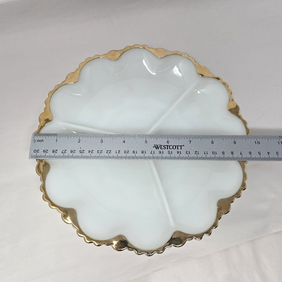 Anchor Hocking Fire-King Milk Glass-Gold Relish Cheese Cracker Dish 3 Sections - Picture 10 of 12